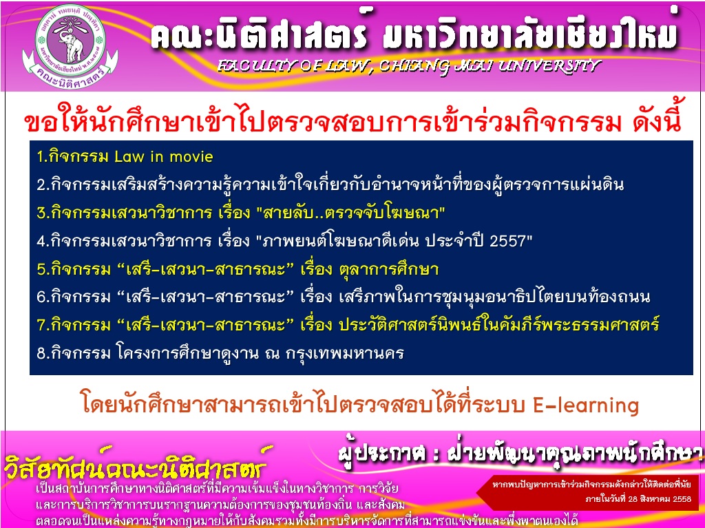 ขอให้นักศึกษา รหัส 56 และ 57 เข้าไปตรวจสอบการเข้าร่วมกิจกรรม ขอให้นักศึกษา รหัส 56 และ 57 เข้าไปตรวจสอบการเข้าร่วมกิจกรรม