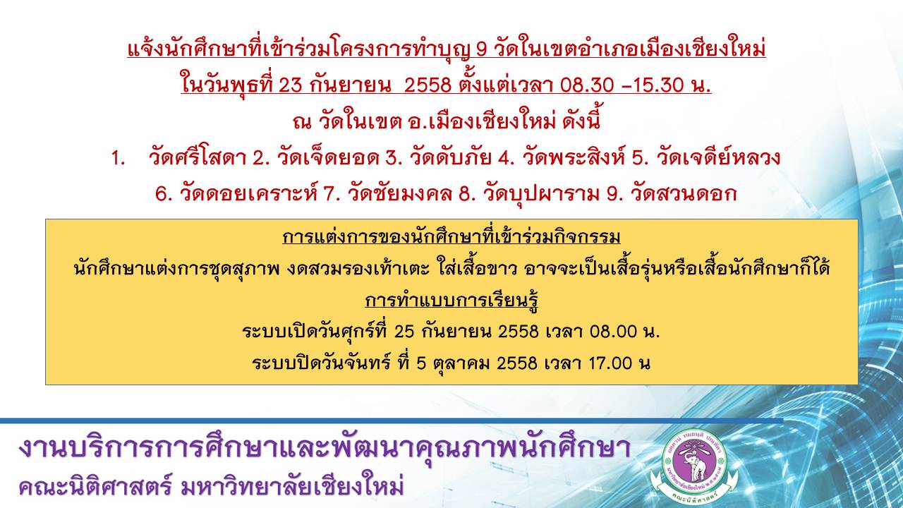 แจ้งนักศึกษาที่เข้าร่วมโครงการทำบุญ 9 วัด แจ้งนักศึกษาที่เข้าร่วมโครงการทำบุญ 9 วัด