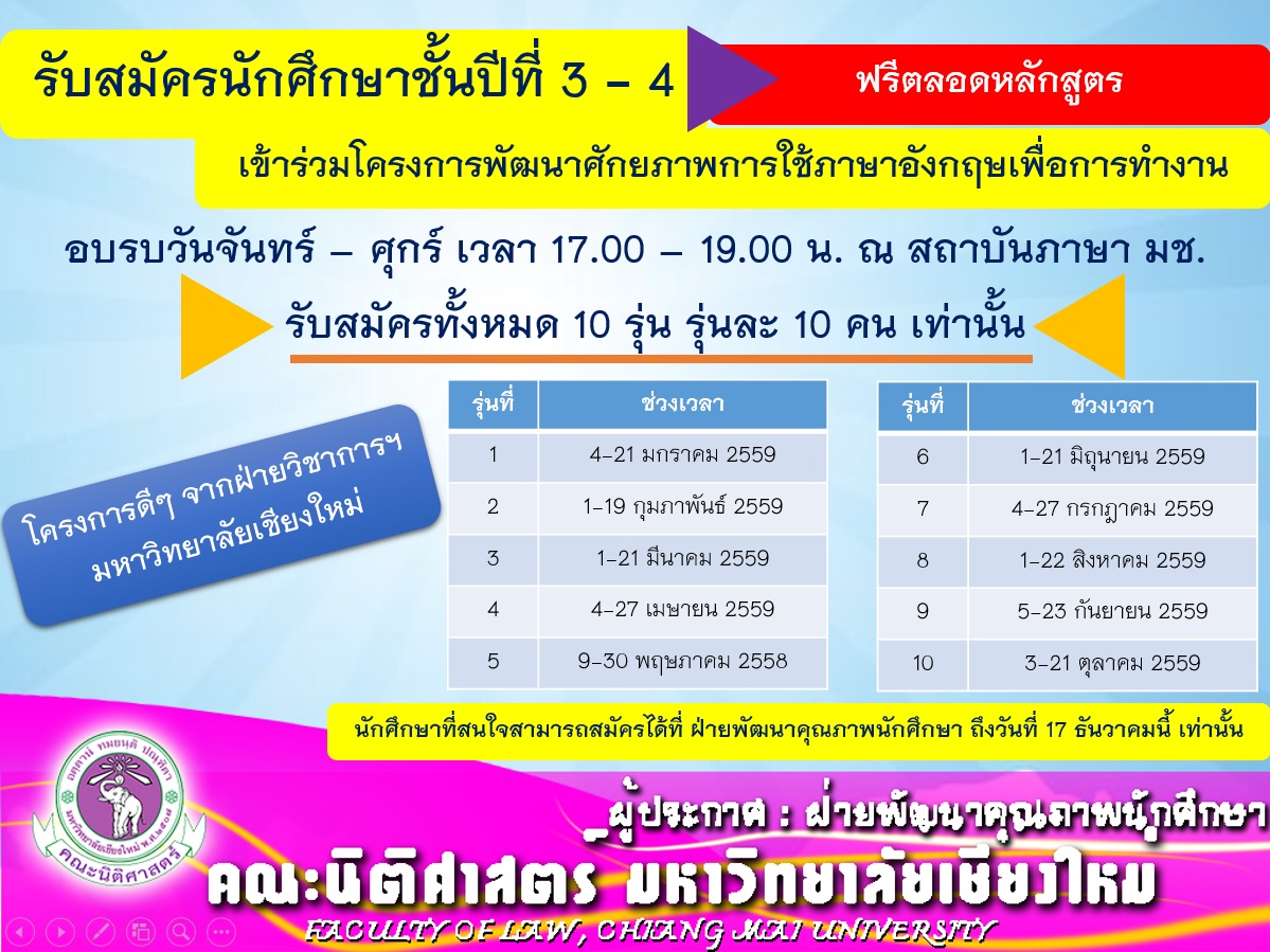 ฝ่ายวิชาการฯ มหาวิทยาลัยเชียงใหม่ รับสมัครนักศึกษา ชั้นปีที่ 3-4 อบรมภาษาอังกฤษ ฟรี ฝ่ายวิชาการฯ มหาวิทยาลัยเชียงใหม่ รับสมัครนักศึกษา ชั้นปีที่ 3-4 อบรมภาษาอังกฤษ ฟรี