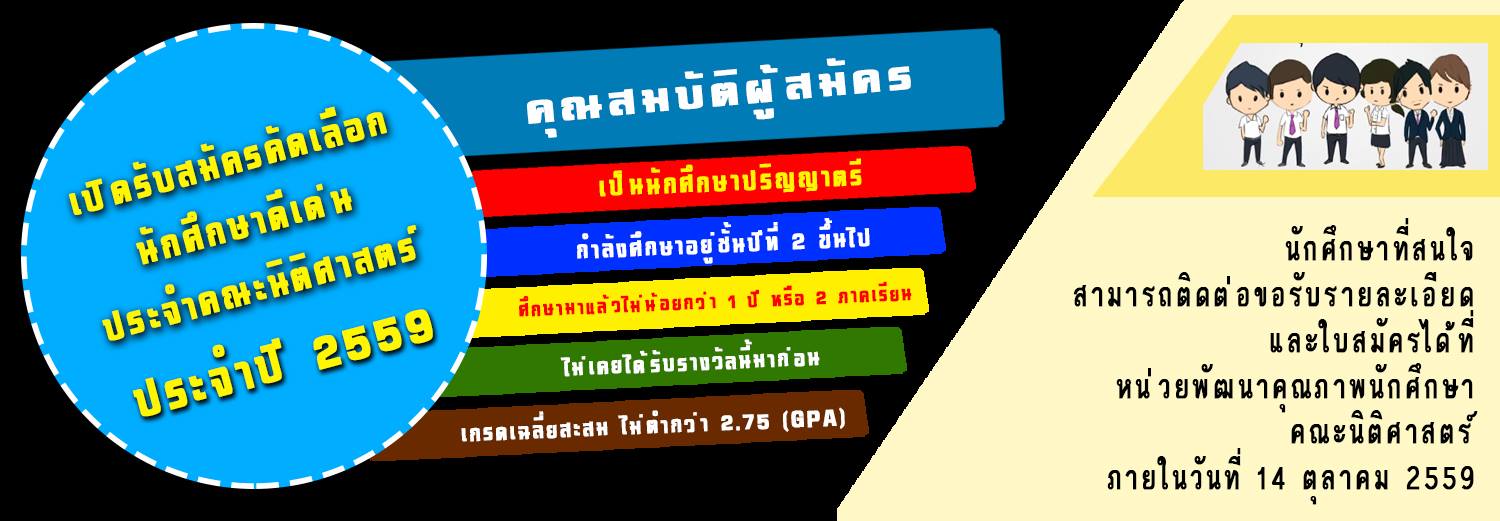 คณะนิติศาสตร์ขอเชิญนักศึกษาคณะนิติศาสตร์สมัครเข้ารับการคัดเลือกเป็นนักศึกษาดีเด่นคณะนิติศาสตร์ ประจำปีการศึกษา 2559 คณะนิติศาสตร์ขอเชิญนักศึกษาคณะนิติศาสตร์สมัครเข้ารับการคัดเลือกเป็นนักศึกษาดีเด่นคณะนิติศาสตร์ ประจำปีการศึกษา 2559