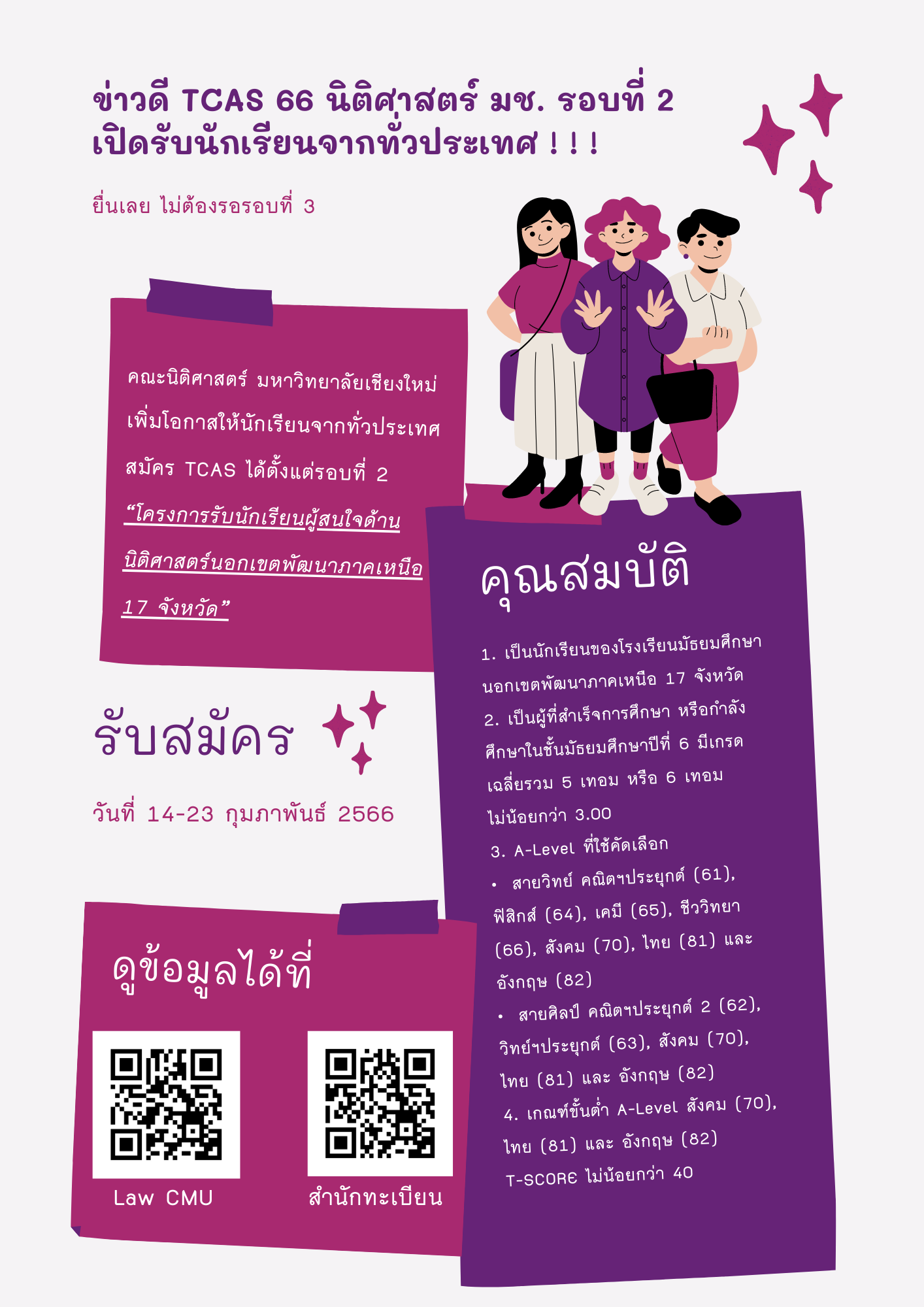 TCAS 66 นิติศาสตร์ มช. รอบที่ 2 เปิดรับนักเรียนจากทั่วประเทศ TCAS 66 นิติศาสตร์ มช. รอบที่ 2 เปิดรับนักเรียนจากทั่วประเทศ