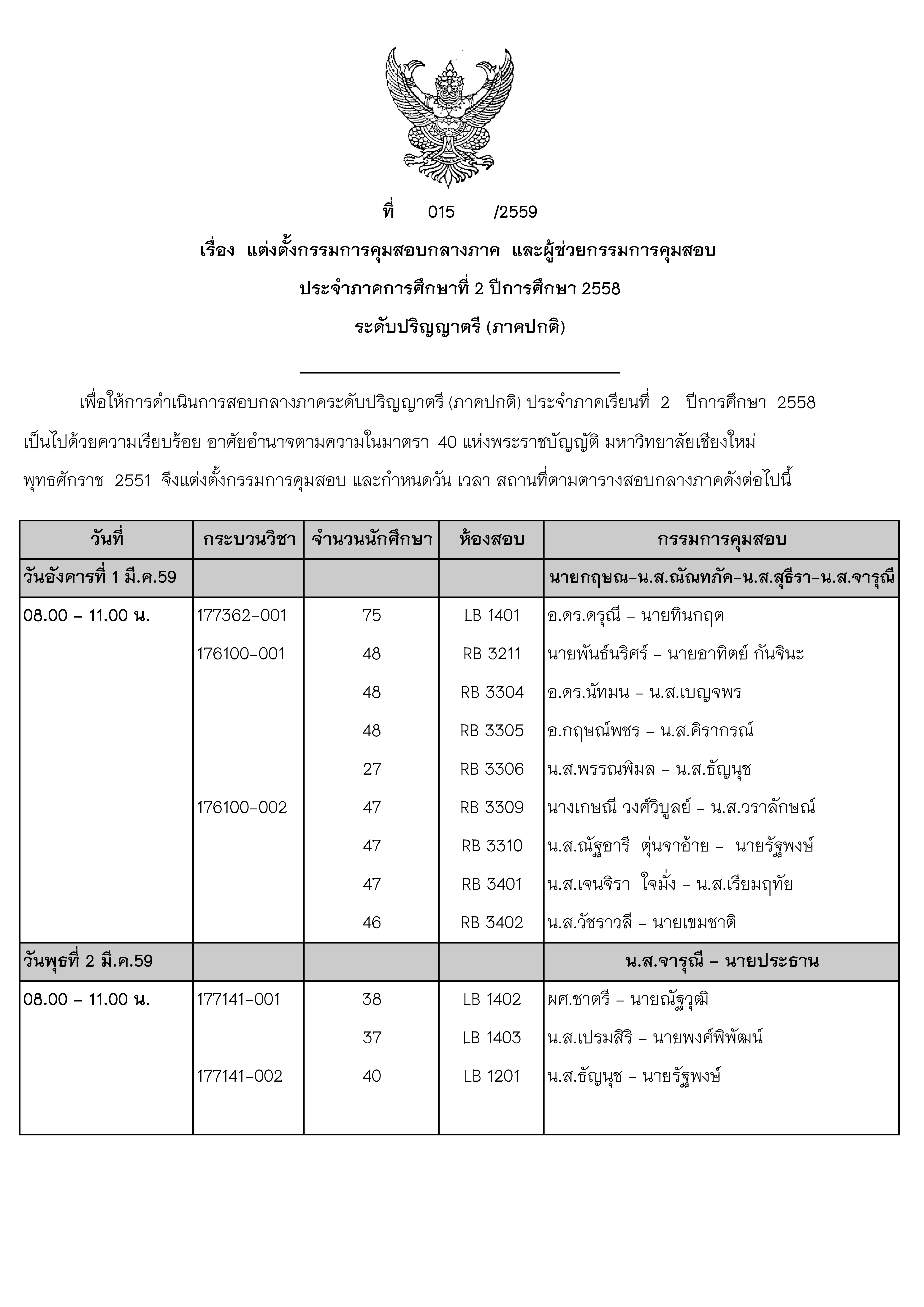 ประกาศตารางสอบกลางภาค  ภาคเรียนที่ 2 ปีการศึกษา 2558 (ภาคปกติ)