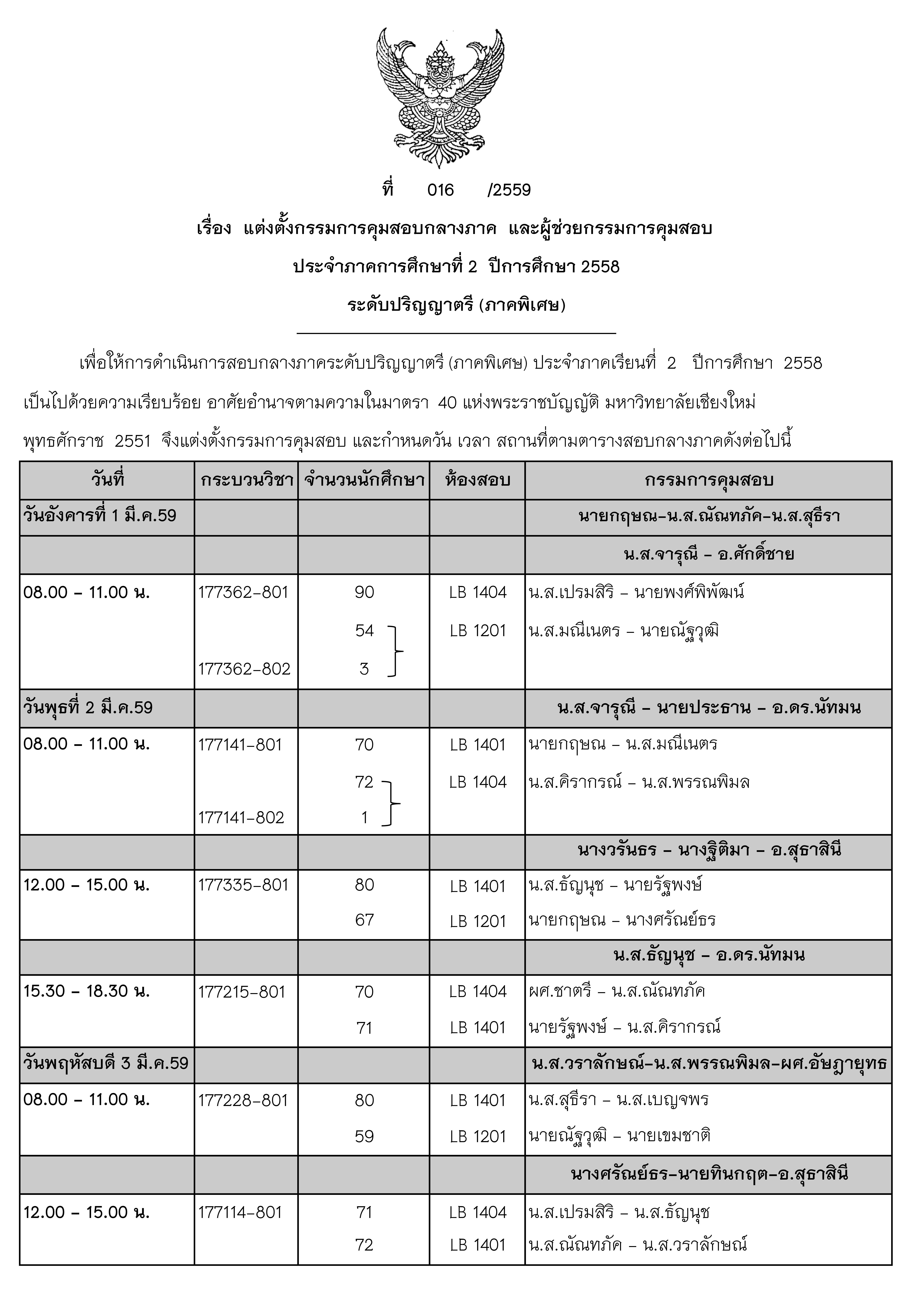  ประกาศตารางสอบกลางภาค ภาคเรียนที่ 2 ปีการศึกษา 2558 (ภาคพิเศษ) 