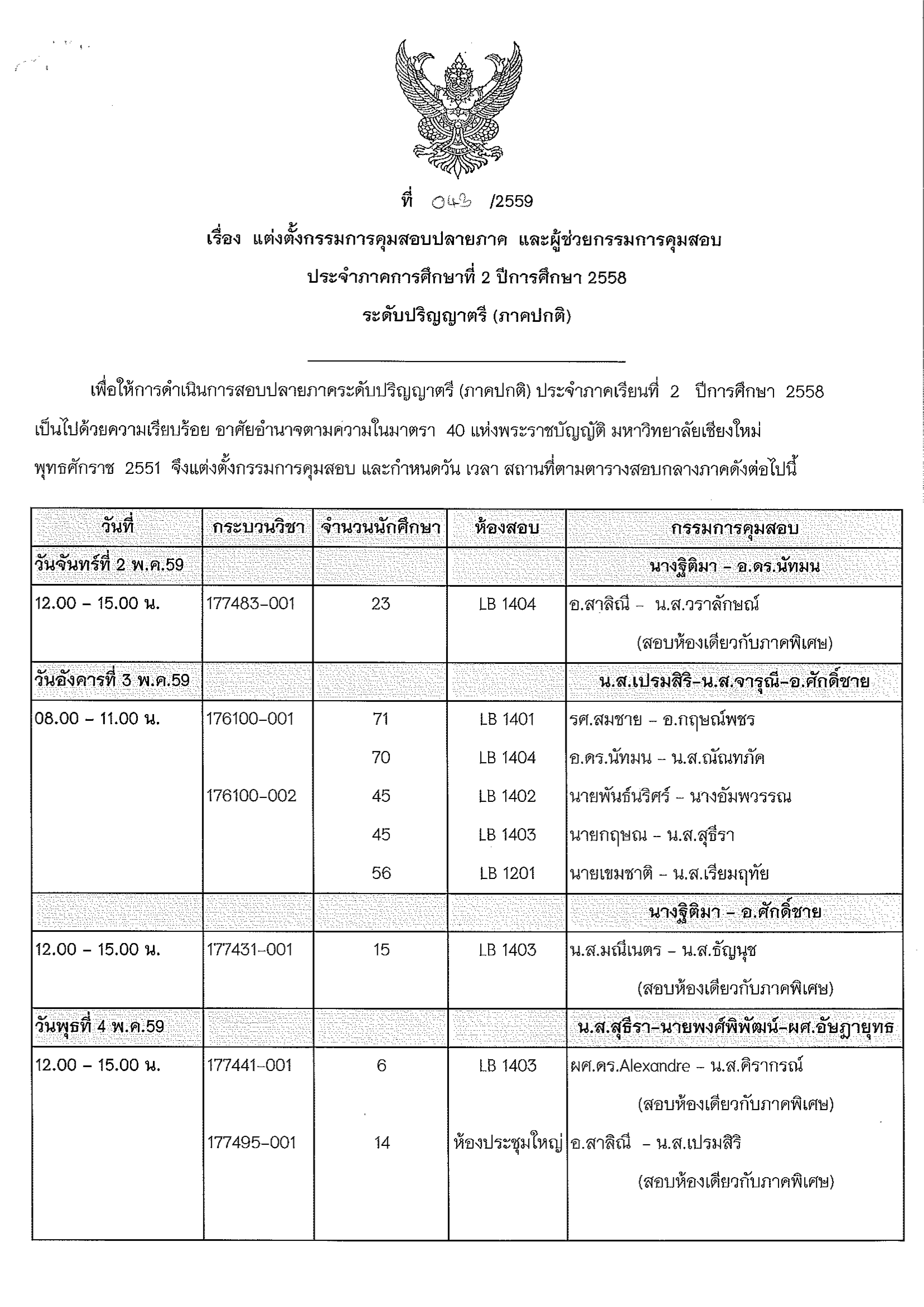 ประกาศตารางสอบปลายภาค  ภาคเรียนที่ 2 ปีการศึกษา 2558 (ภาคปกติ)