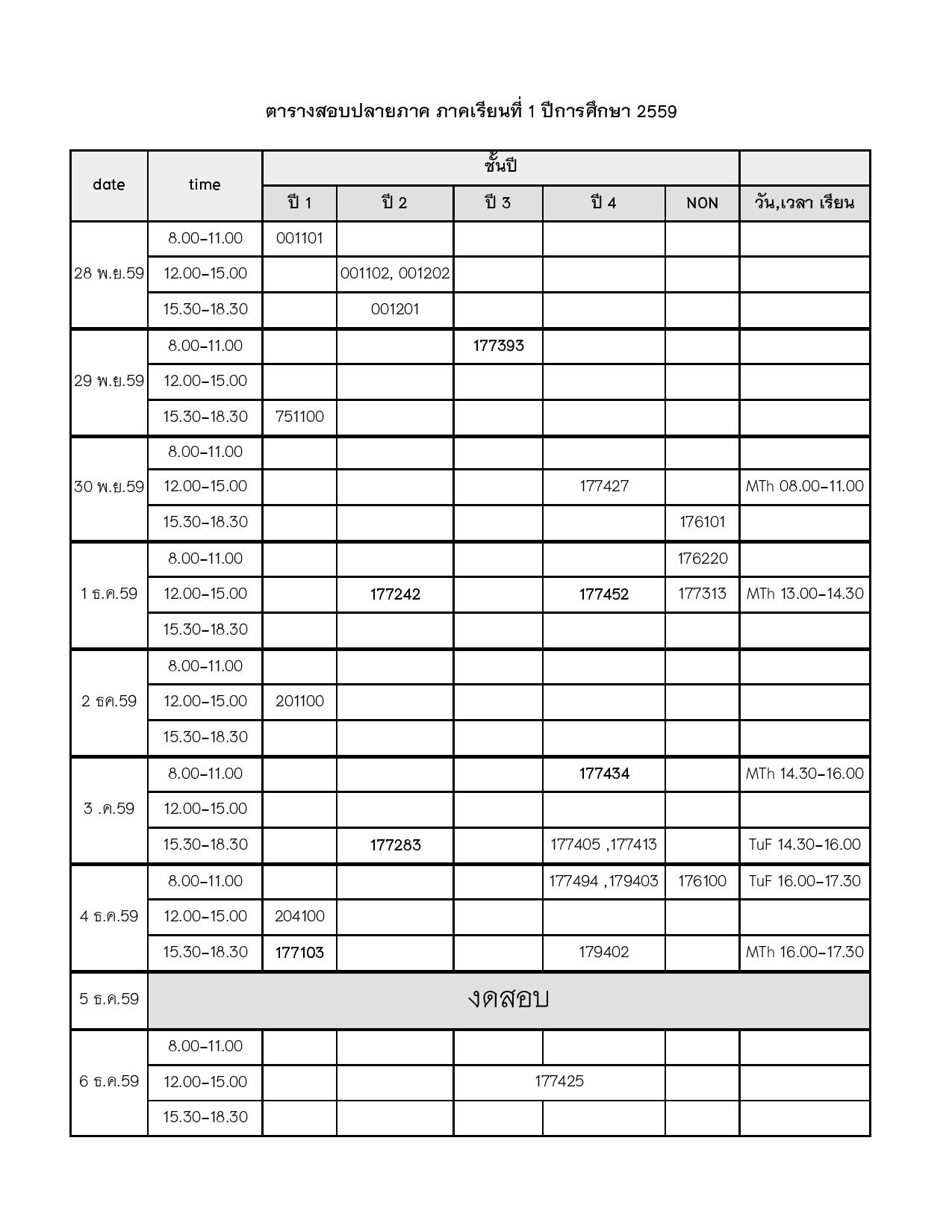 ประกาศตารางสอบปลายภาค ภาคเรียนที่ 1 ปีการศึกษา 2559