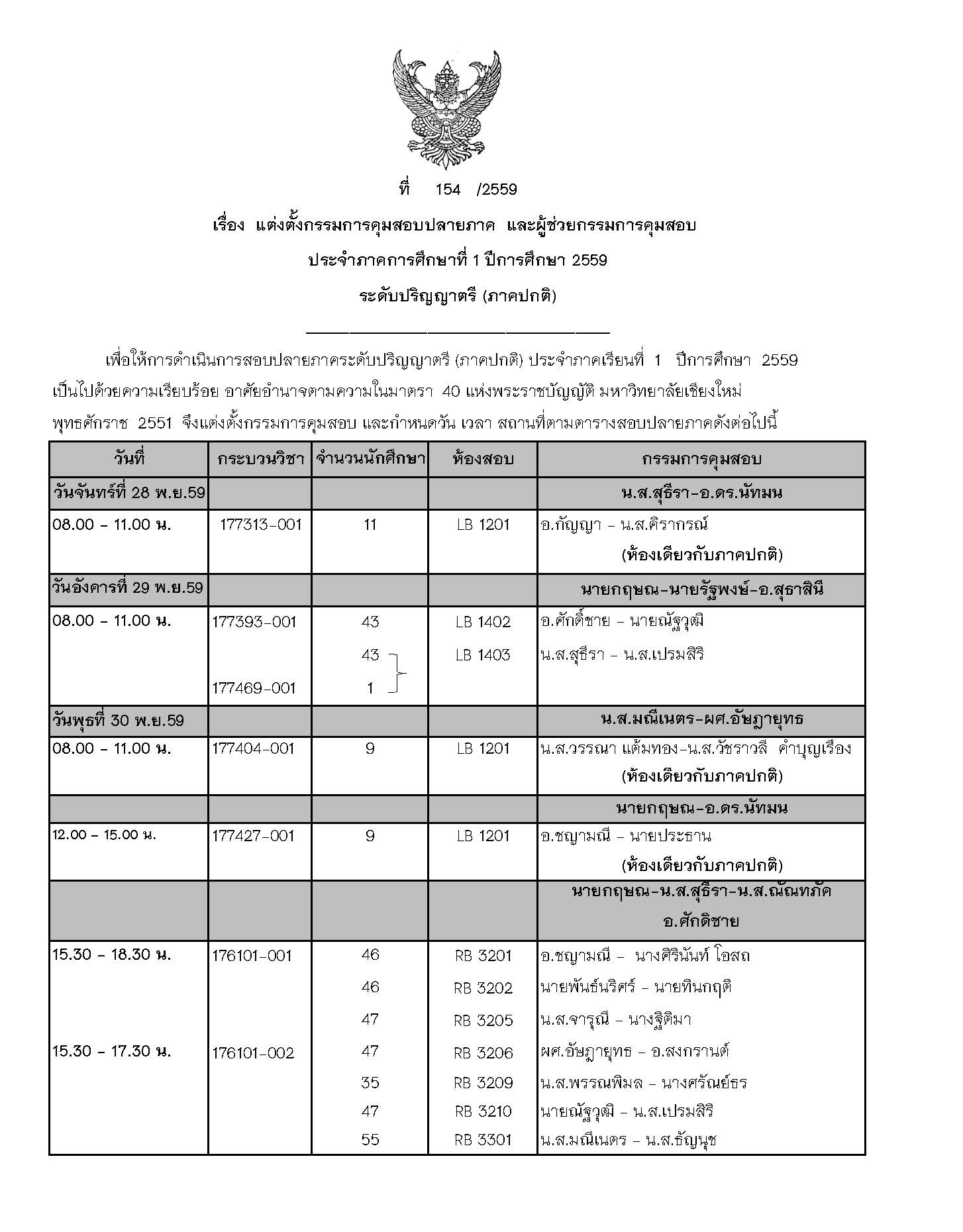 ประกาศตารางสอบปลายภาค  ภาคเรียนที่ 1 ปีการศึกษา 2559 (ภาคปกติ)