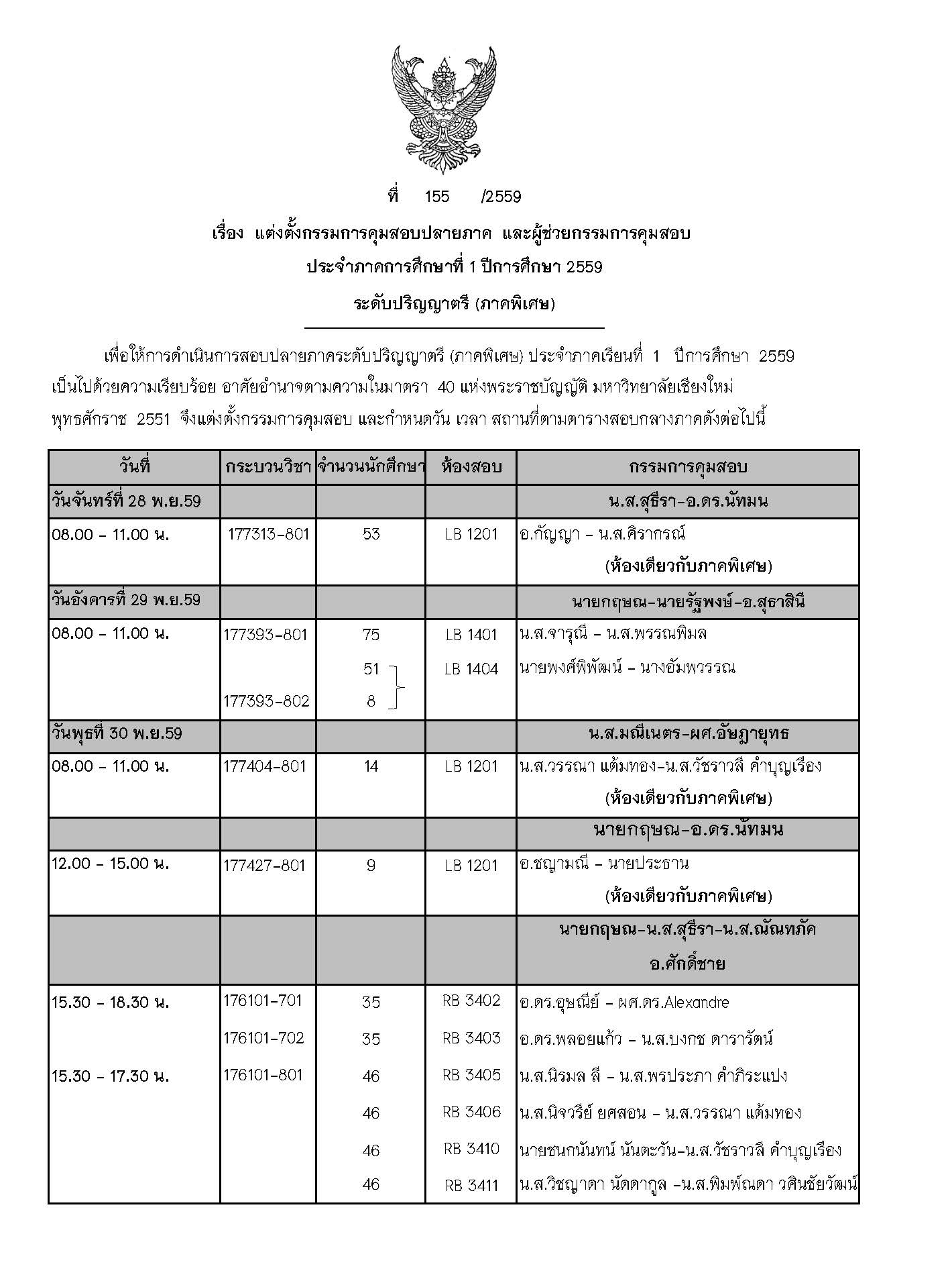 ประกาศตารางสอบปลายภาค ภาคเรียนที่ 1 ปีการศึกษา 2559 (ภาคพิเศษ)