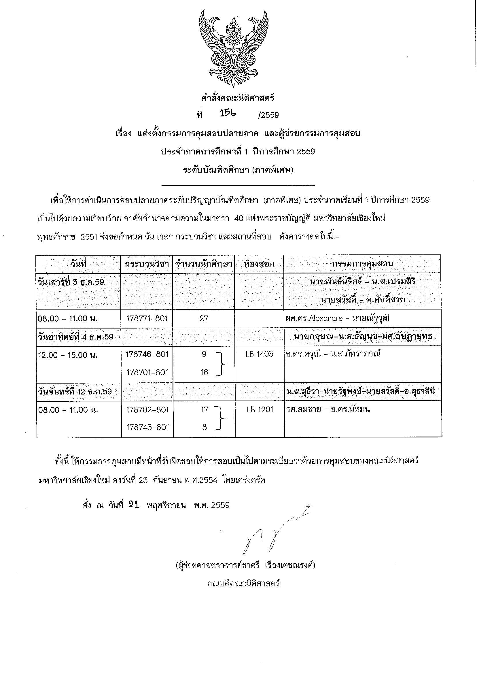 ประกาศตารางสอบปลายภาค ภาคเรียนที่ 1 ปีการศึกษา 2559 ระดับบัณฑิตศึกษา