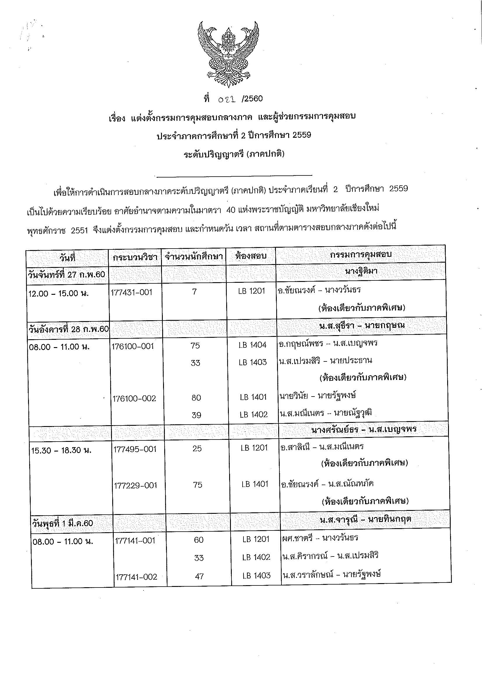 ประกาศตารางสอบกลางภาค  ภาคเรียนที่ 2 ปีการศึกษา 2559 (ภาคปกติ)