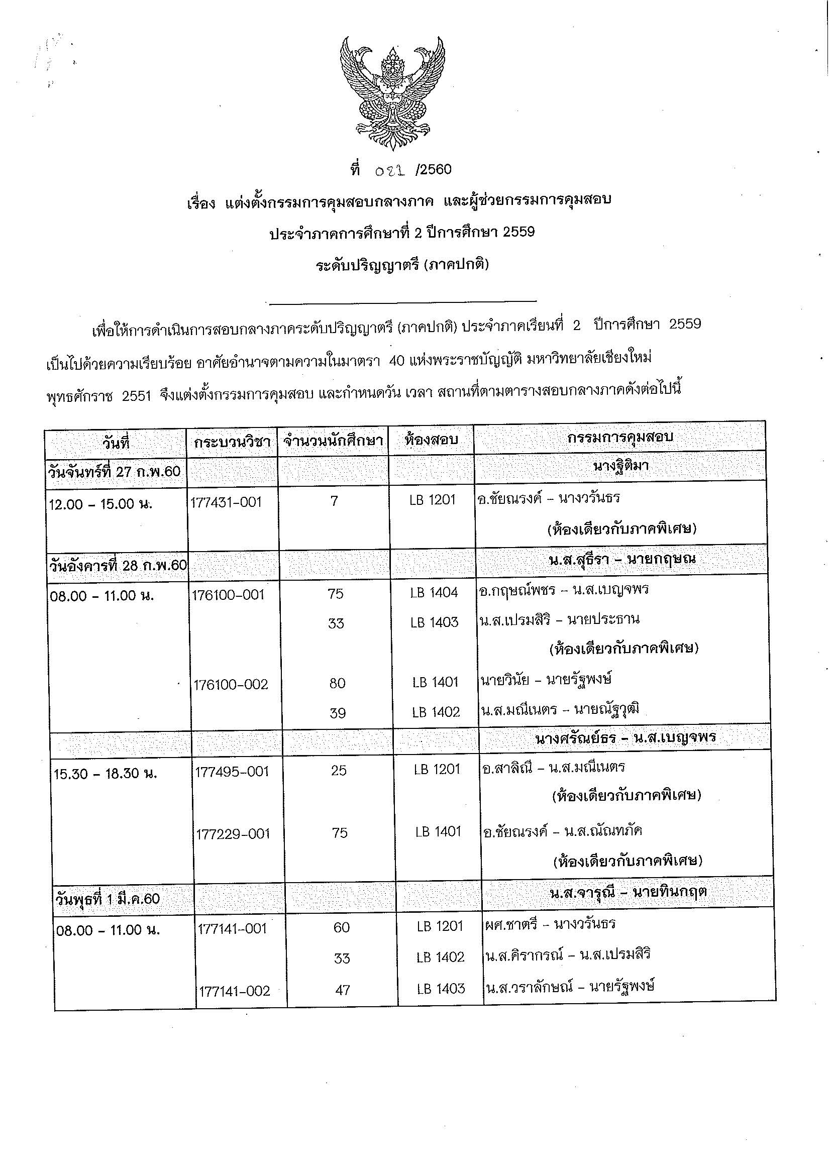 ประกาศตารางสอบกลางภาค  ภาคเรียนที่ 2 ปีการศึกษา 2559 (ภาคปกติ)