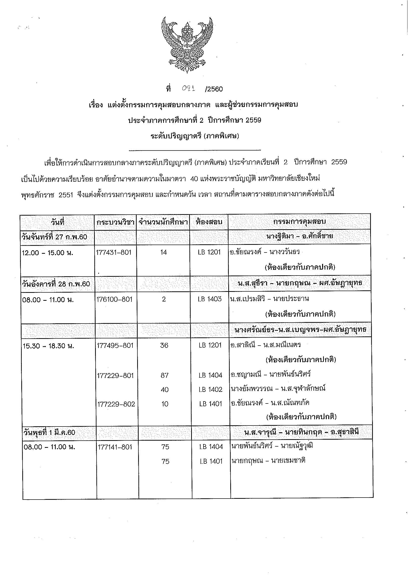 ประกาศตารางสอบกลางภาค  ภาคเรียนที่ 2 ปีการศึกษา 2559 (ภาคพิเศษ)