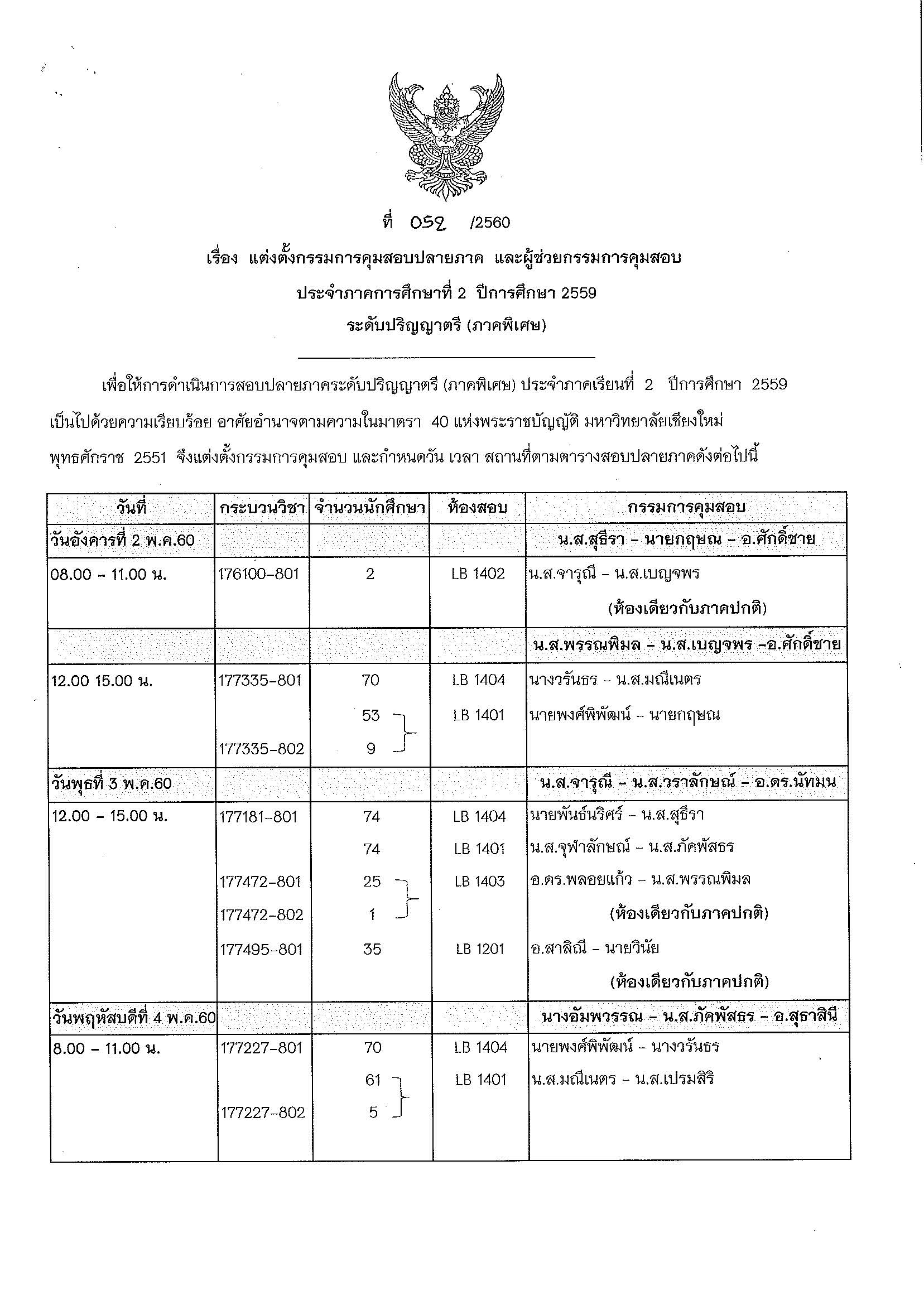 ประกาศตารางสอบปลายภาค  ภาคเรียนที่ 2 ปีการศึกษา 2559 (ภาคพิเศษ)