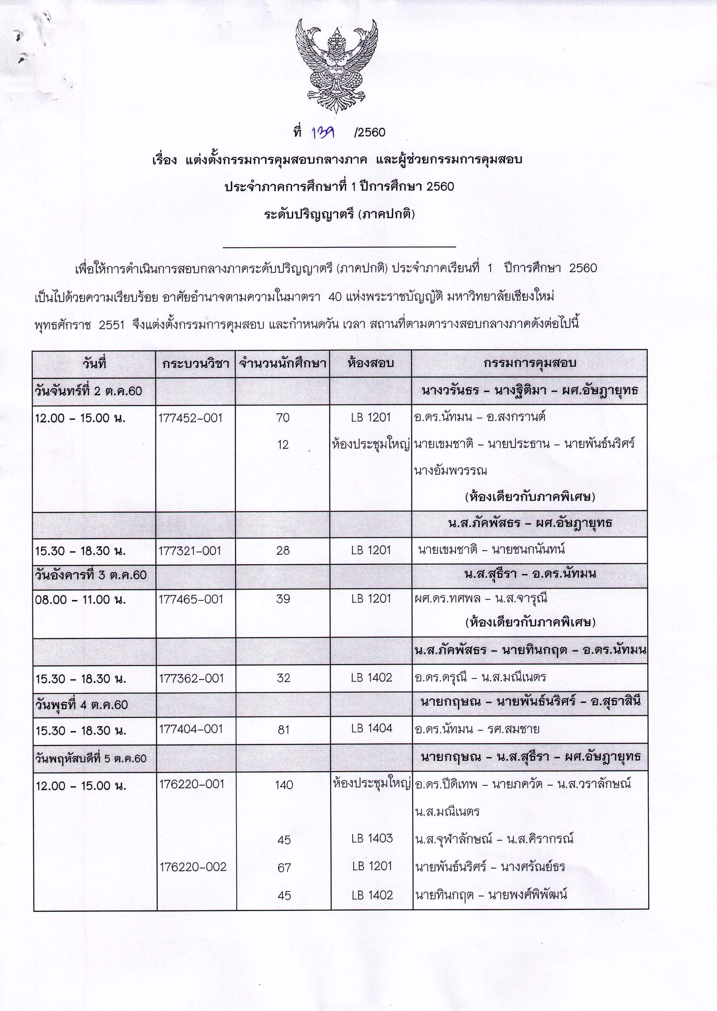 ประกาศตารางสอบกลางภาค  ภาคเรียนที่ 1 ปีการศึกษา 2560 (ภาคปกติ)