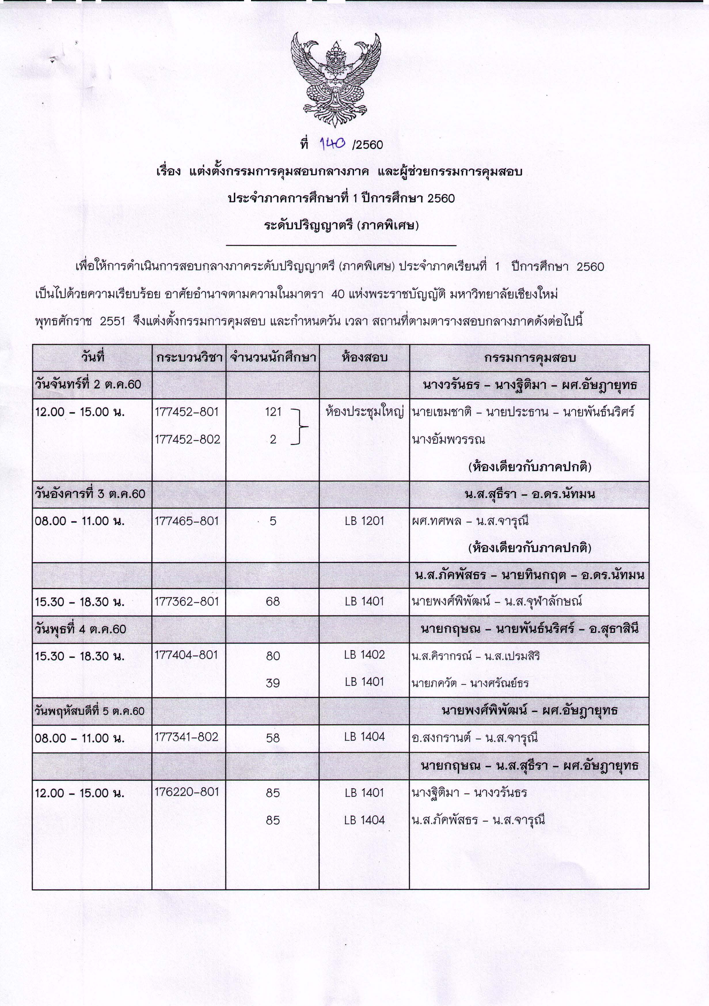 ประกาศตารางสอบกลางภาค ภาคเรียนที่ 1 ปีการศึกษา 2560 (ภาคพิเศษ)