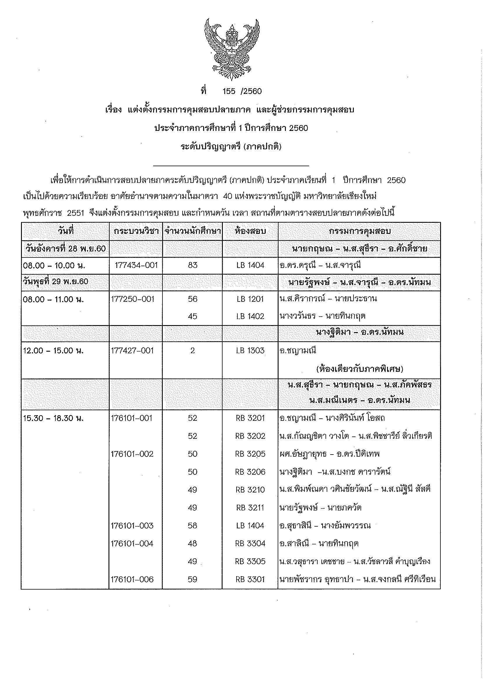 ประกาศตารางสอบปลายภาค  ภาคเรียนที่ 1 ปีการศึกษา 2560 (ภาคปกติ)