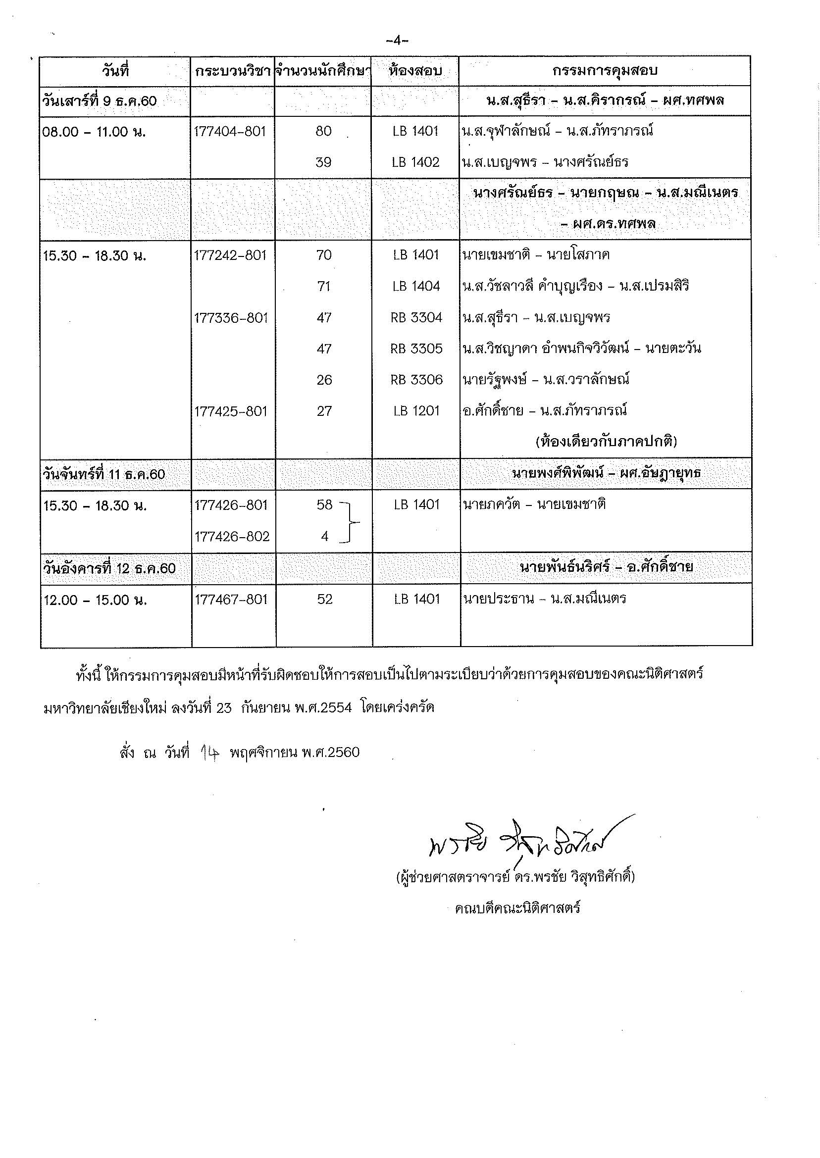 ประกาศตารางสอบปลายภาค ภาคเรียนที่ 1 ปีการศึกษา 2560 (ภาคพิเศษ) 