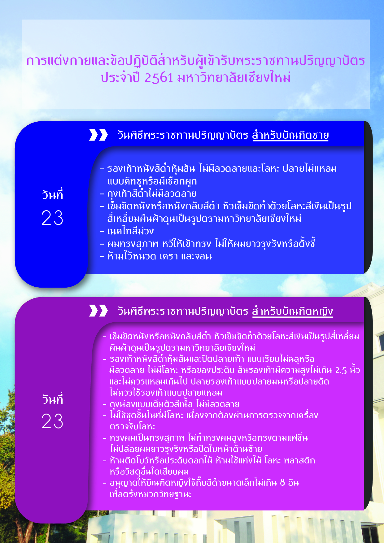 ประกาศเรื่อง การแต่งกายและข้อปฎิบัติสำหรับผู้เข้ารับพระราชทานปริญญาบัตร ครั้งที่ 52