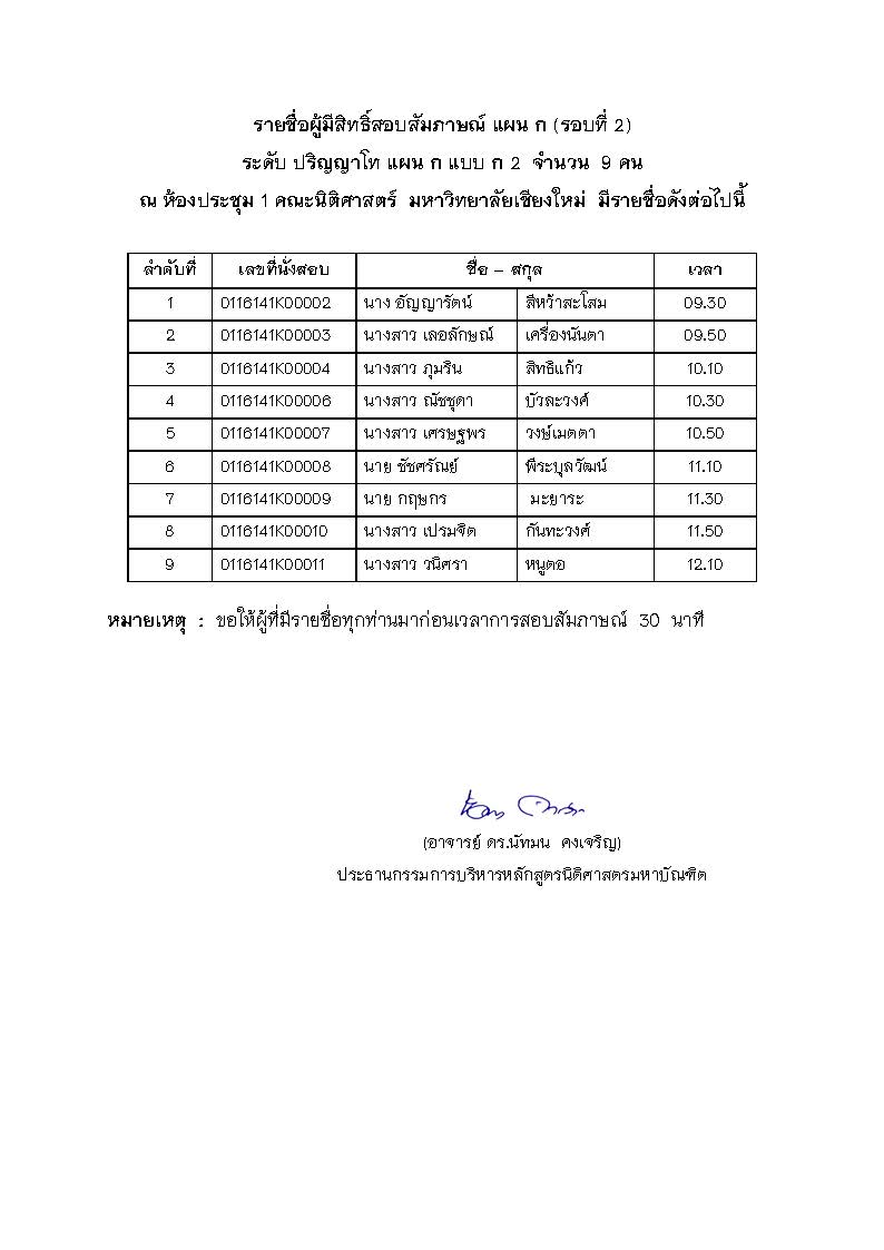 ประกาศรายชื่อ  ผู้ที่มีสิทธิ์เข้าสอบสัมภาษณ์  ในหลักสูตรนิติศาสตรมหาบัณฑิต  ปีการศึกษา  2561