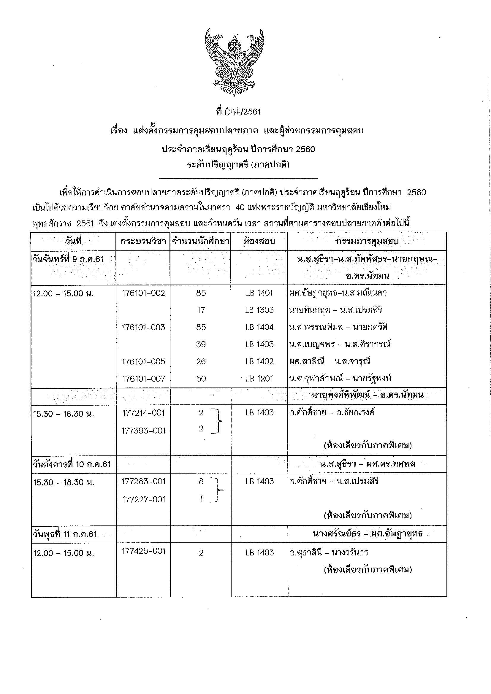 ประกาศตารางสอบปลายภาค  ภาคเรียนฤดูร้อน ปีการศึกษา 2560