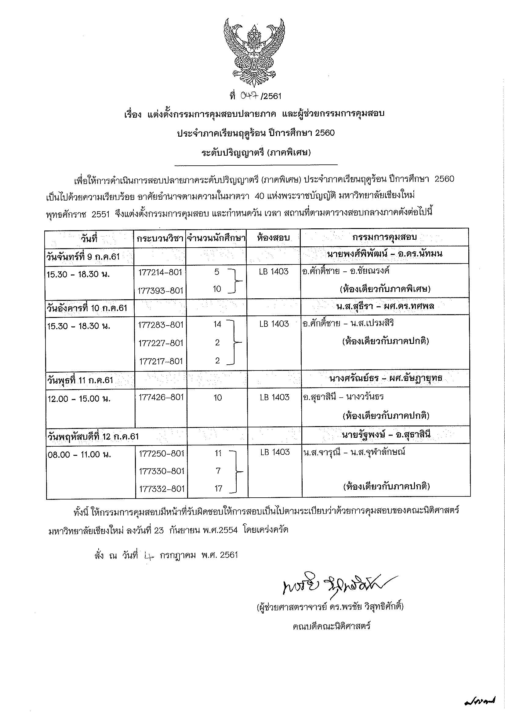 ประกาศตารางสอบปลายภาค  ภาคเรียนฤดูร้อน ปีการศึกษา 2560