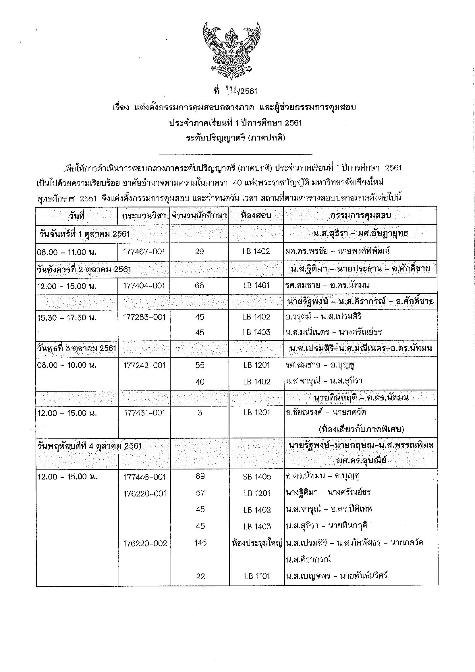 ประกาศตารางสอบกลางภาค  ภาคเรียนที่ 1 ปีการศึกษา 2561 (ภาคปกติ)