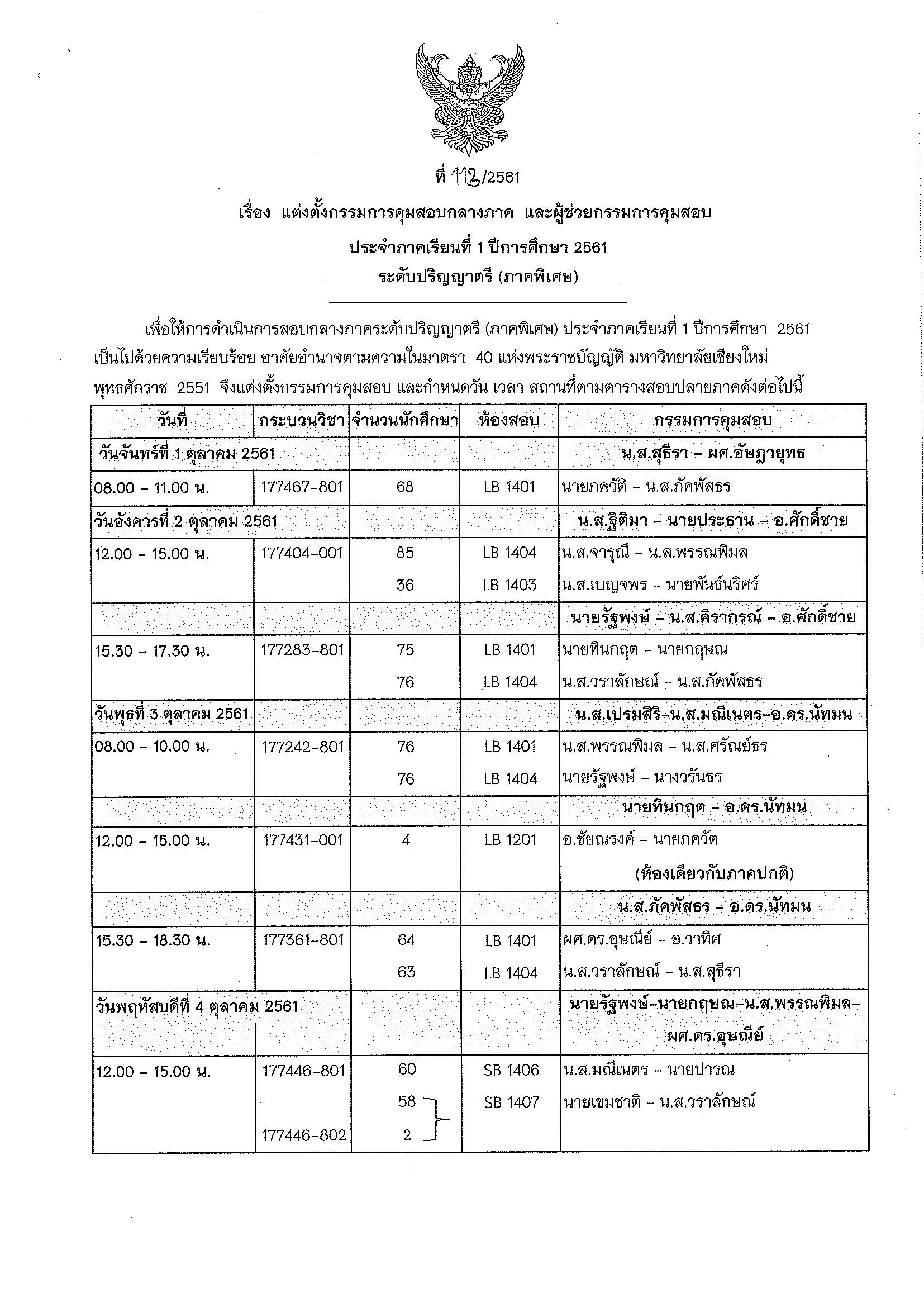 ประกาศตารางสอบกลางภาค  ภาคเรียนที่ 1 ปีการศึกษา 2561 (ภาคพิเศษ)