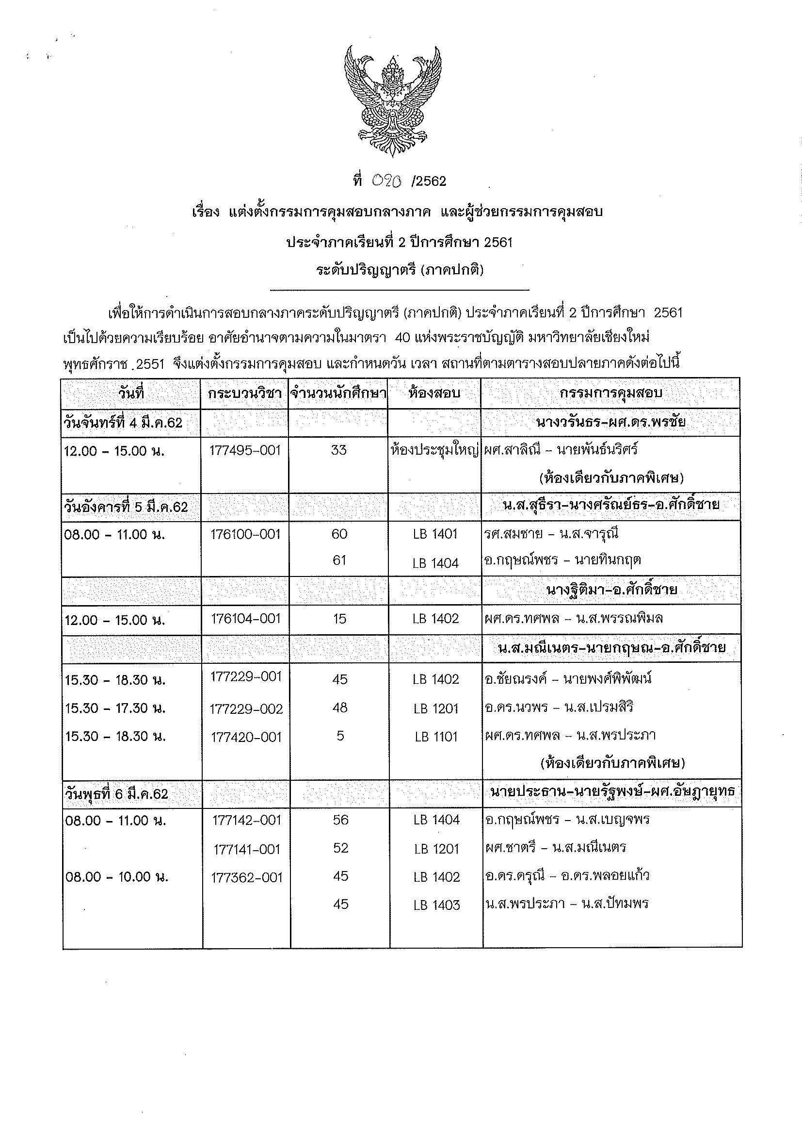 ประกาศตารางสอบกลางภาค  ภาคเรียนที่ 2 ปีการศึกษา 2561 (ภาคปกติ)