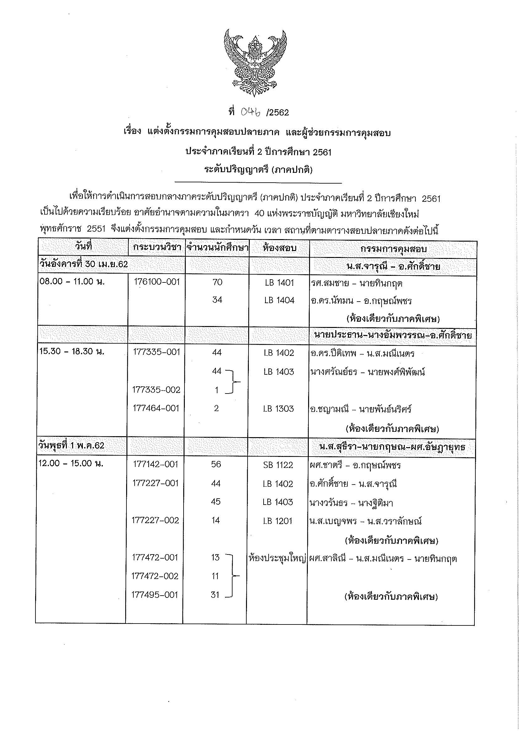 ประกาศตารางสอบปลายภาค  ภาคเรียนที่ 2 ปีการศึกษา 2561 (ภาคปกติ)