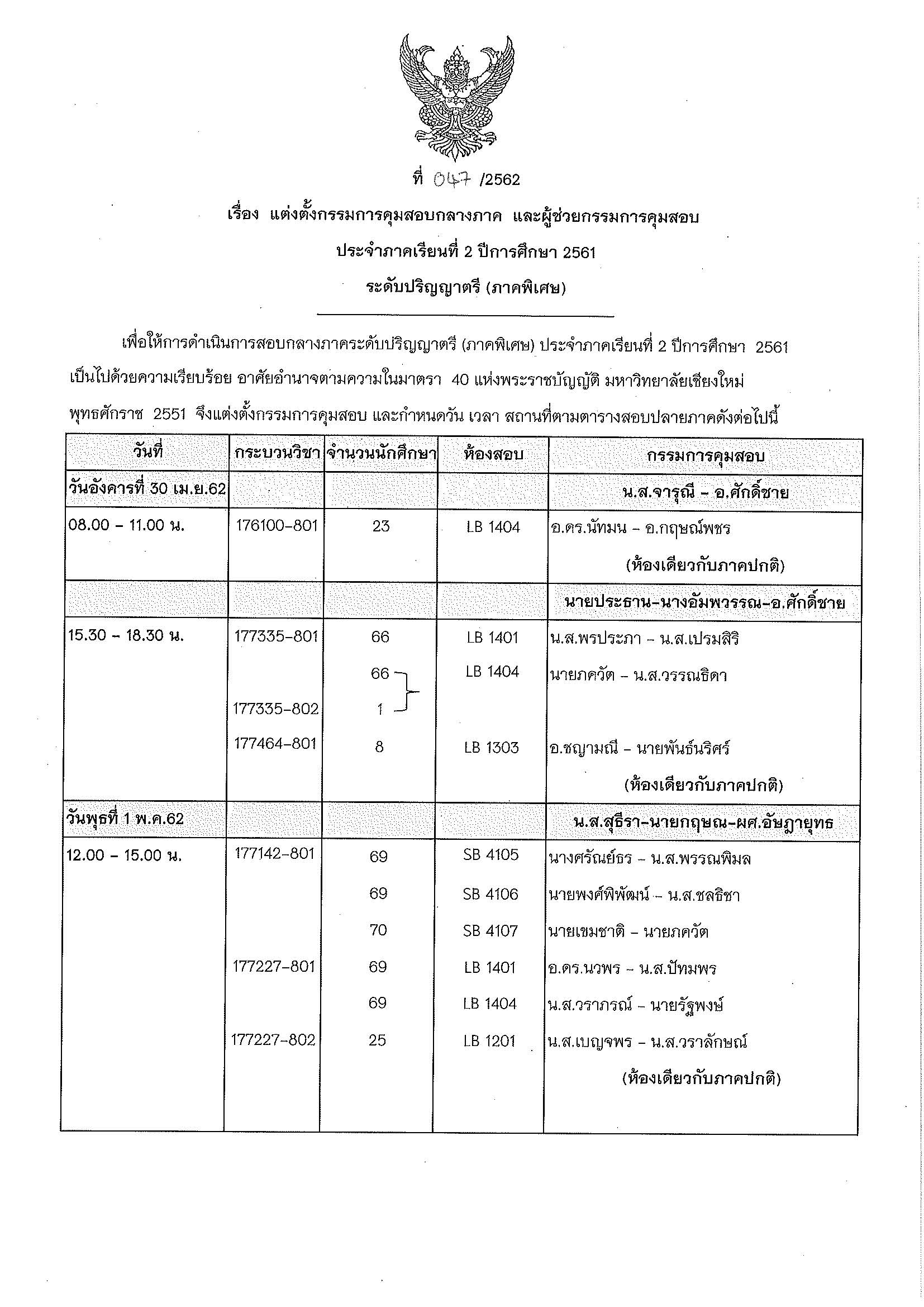 ประกาศตารางสอบปลายภาค ภาคเรียนที่ 2 ปีการศึกษา 2561 (ภาคพิเศษ)