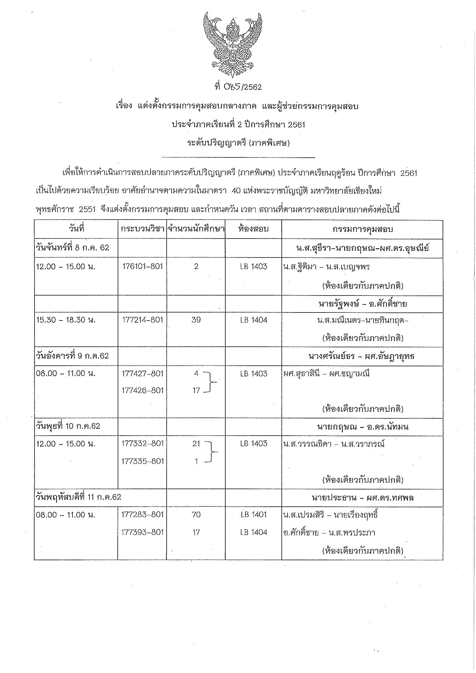 ตารางสอบปลายภาคภาคเรียนฤดูร้อน ปีการศึกษา 2561