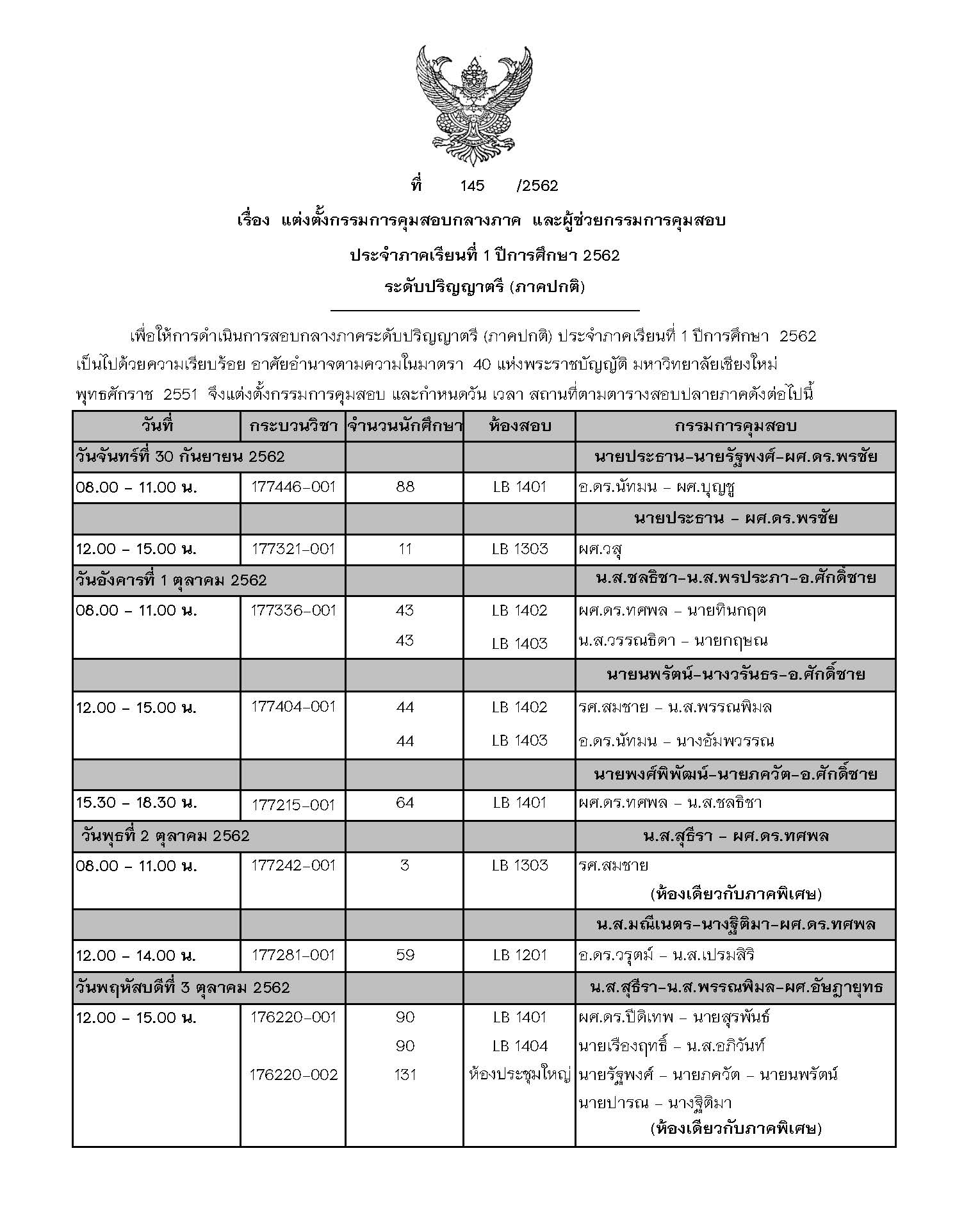 ประกาศตารางสอบกลางภาค ภาคเรียนที่ 1 ปีการศึกษา 2562