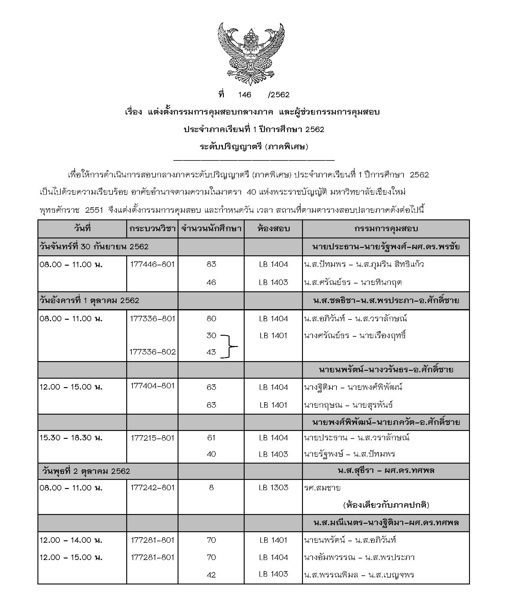 ประกาศตารางสอบกลางภาค ภาคเรียนที่ 1 ปีการศึกษา 2562