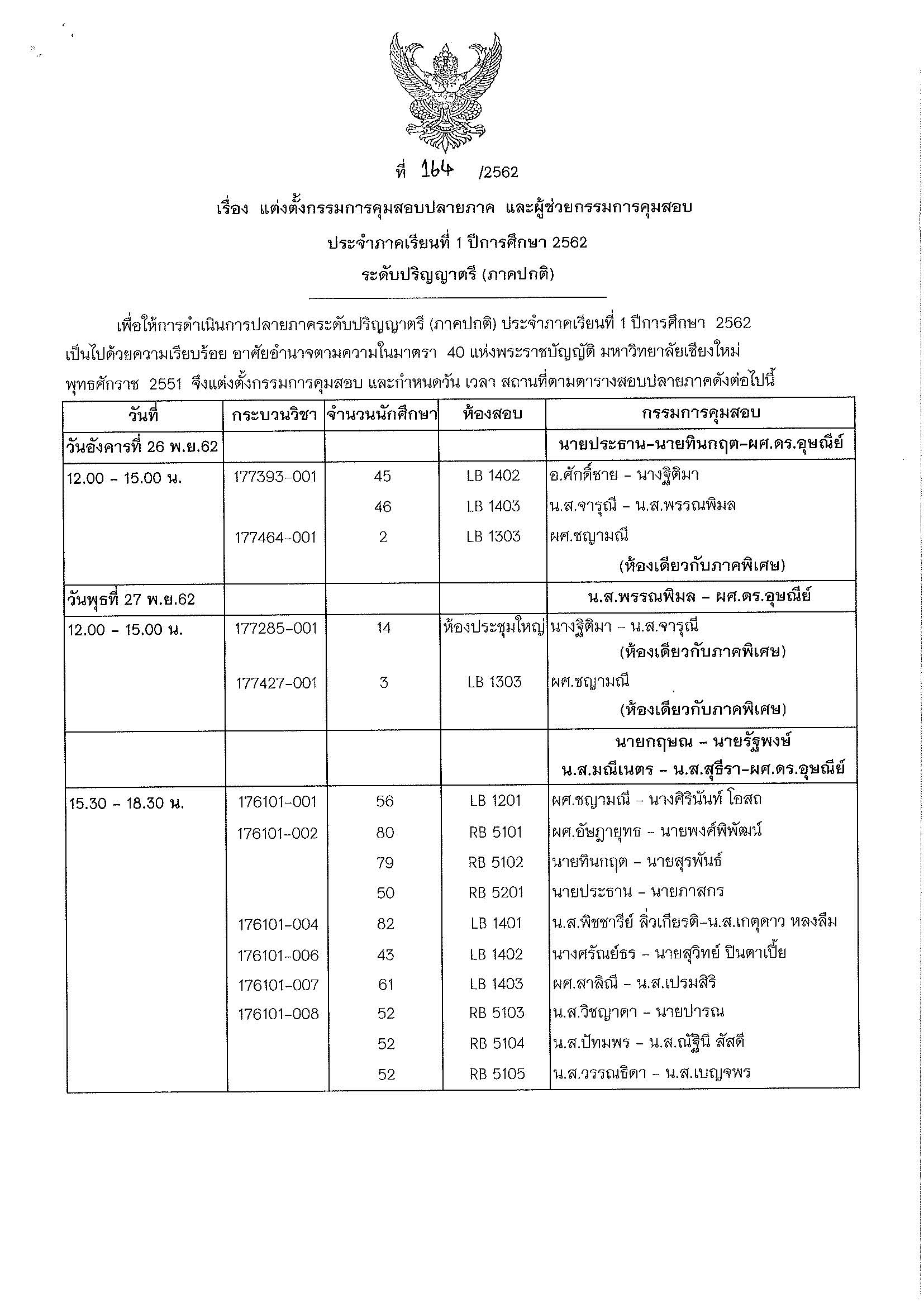 ประกาศตารางสอบปลายภาค ภาคเรียนที่ 1 ปีการศึกษา 2562