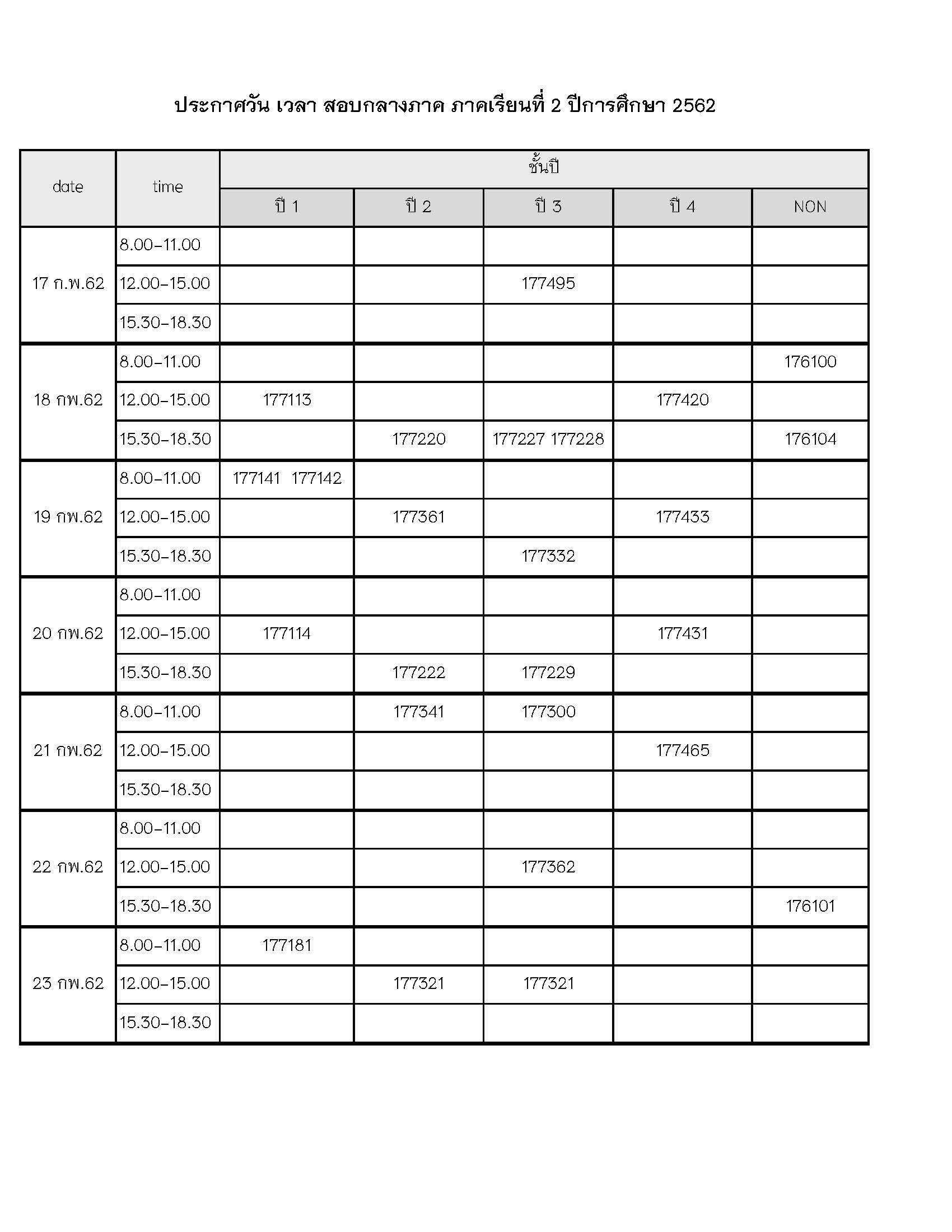 ประกาศตารางสอบกลางภาค ภาคเรียนที่ 2 ปีการศึกษา 2562