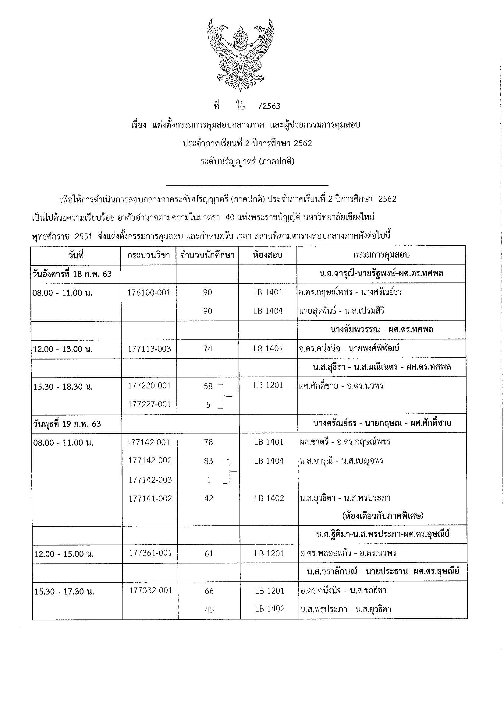 ประกาศตารางสอบกลางภาค ภาคเรียนที่ 2 ปีการศึกษา 2562
