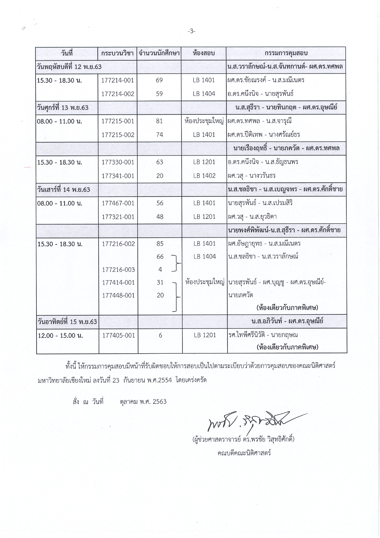 ตารางสอบปลายภาค ประจำภาคเรียนที่ 1 ปีการศึกษา 2563 