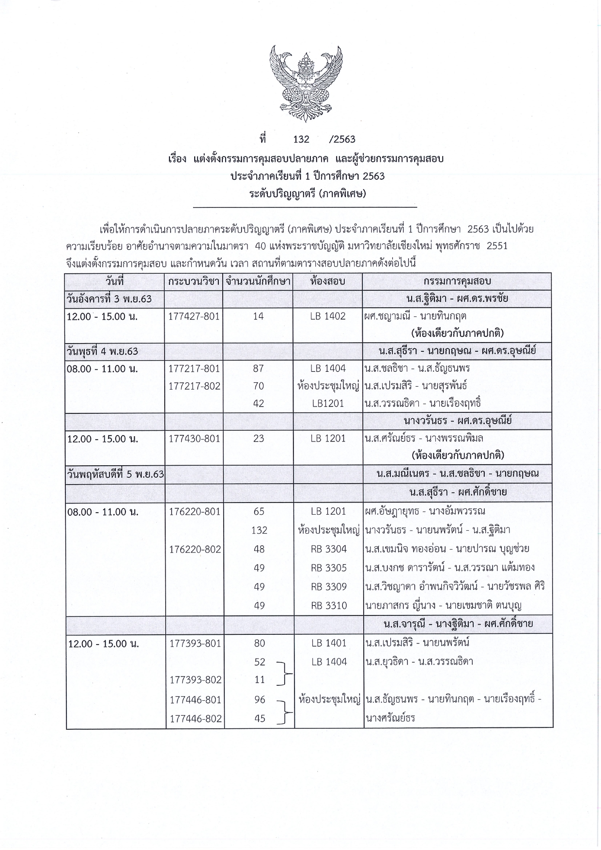 ตารางสอบปลายภาค ประจำภาคเรียนที่ 1 ปีการศึกษา 2563 