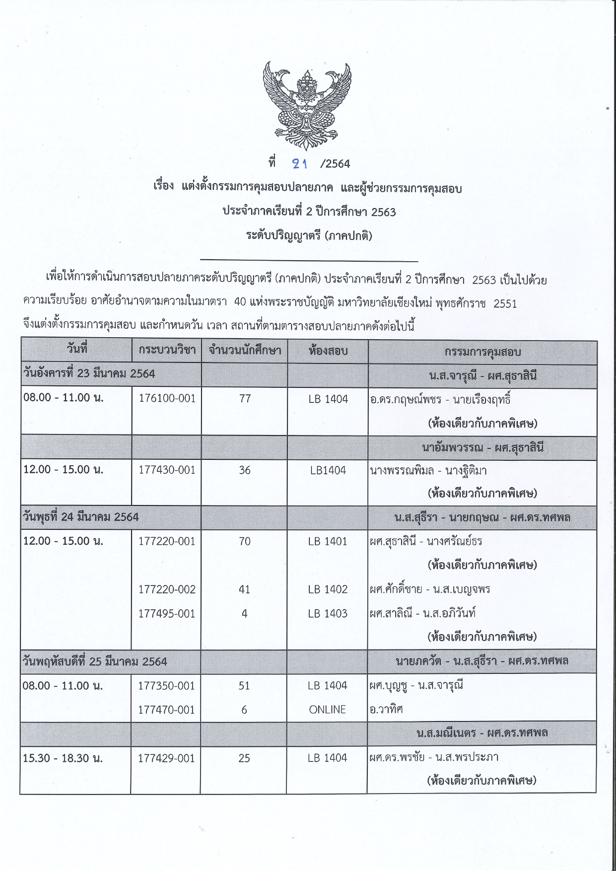 ประชาสัมพันธ์ตารางสอบปลายภาค ภาคเรียนที่ 2 ปีการศึกษา 2563