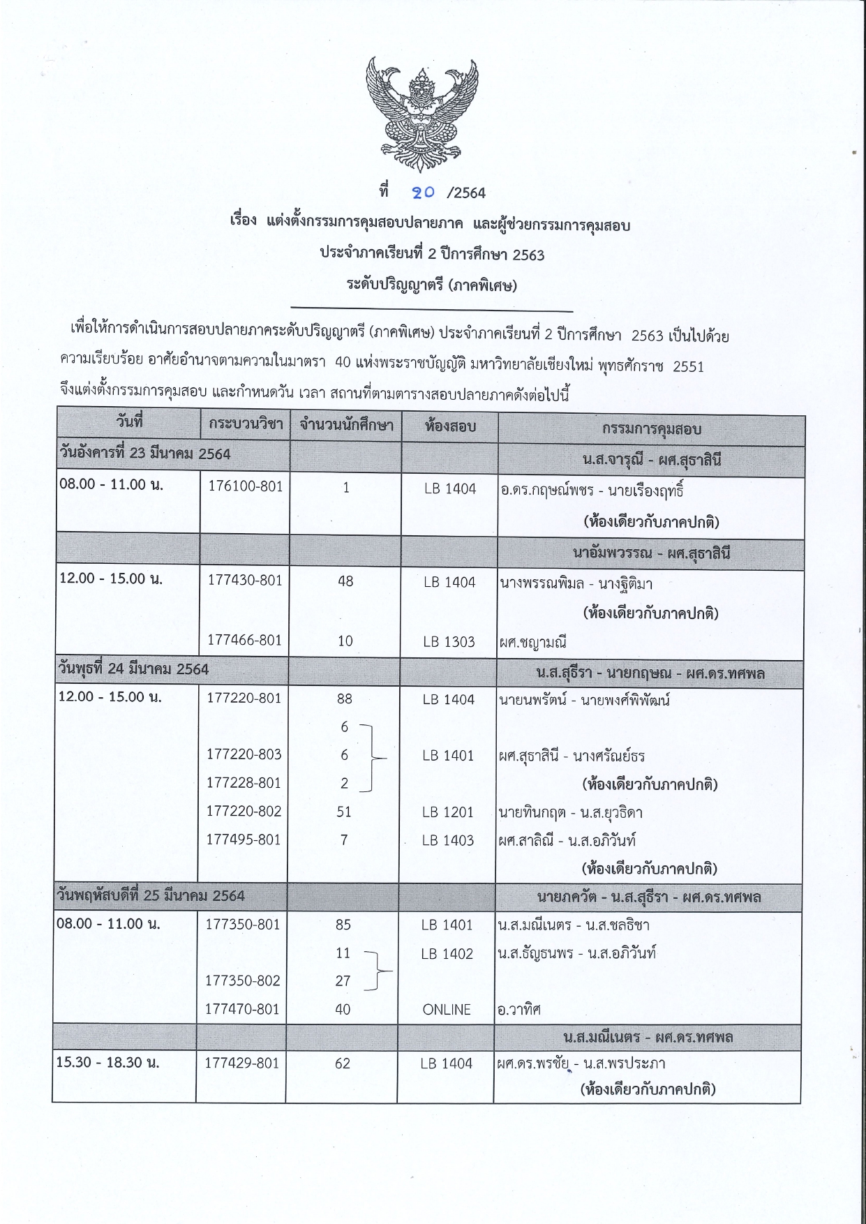 ประชาสัมพันธ์ตารางสอบปลายภาค ภาคเรียนที่ 2 ปีการศึกษา 2563