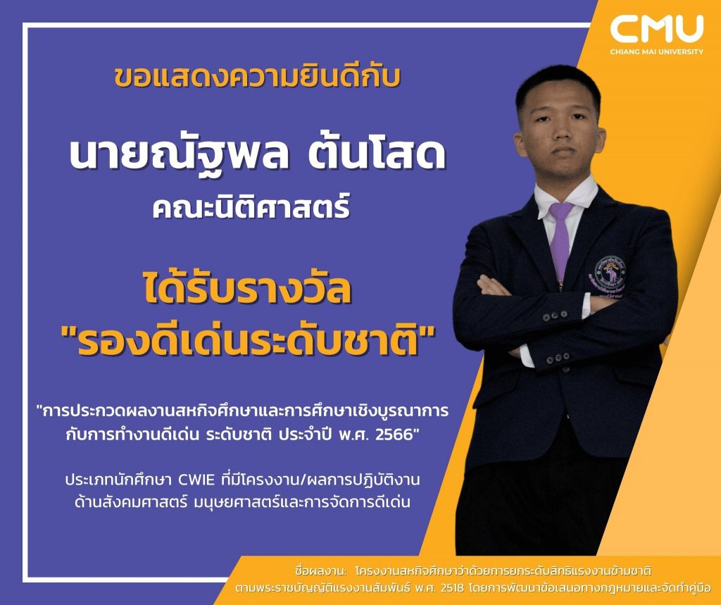 นายณัฐพล ต้นโสด คณะนิติศาสตร์ มหาวิทยาลัยเชียงใหม่ คว้ารางวัล รองดีเด่นระดับชาติ การประกวดผลงาน CWIE ดีเด่นระดับชาติ ประจำปี 2566 ประเภทผลงานด้านสังคมศาสตร์ มนุษยศาสตร์และการจัดการดีเด่น ผลงาน: โครงงานสหกิจศึกษาว่าด้วยการยกระดับสิทธิแรงงานข้ามชาติตามพระราชบัญญัติแรงงานสัมพันธ์ พ.ศ. 2518 โดยการพัฒนาข้อเสนอทางกฎหมายและจัดทำคู่มือ